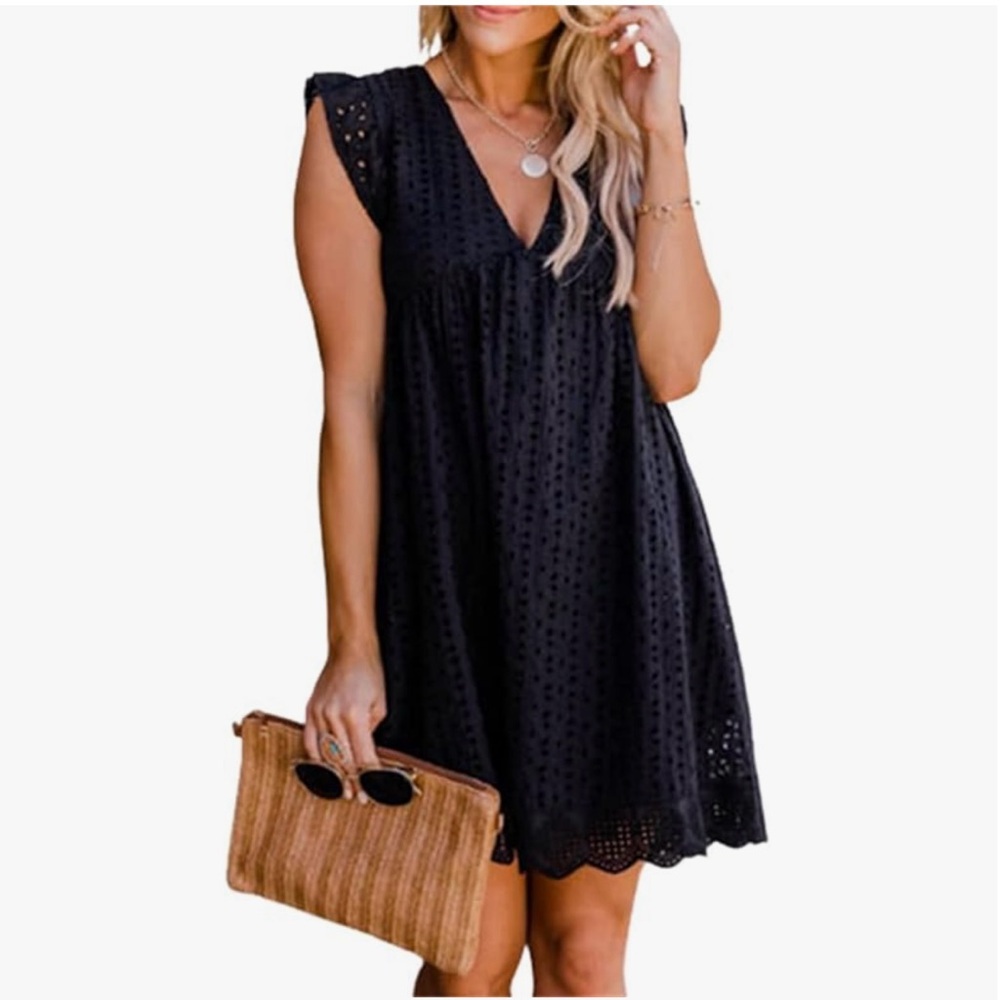 New black eyelet v-neck dress romper with shorts underneath size Small - Picture 16 of 16